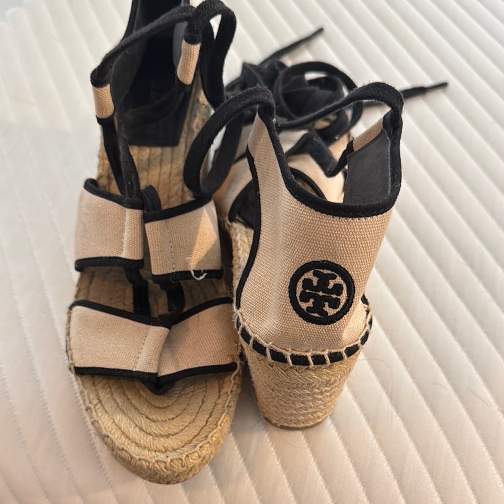 Tory Burch Black and Cream Espadrille Wedges